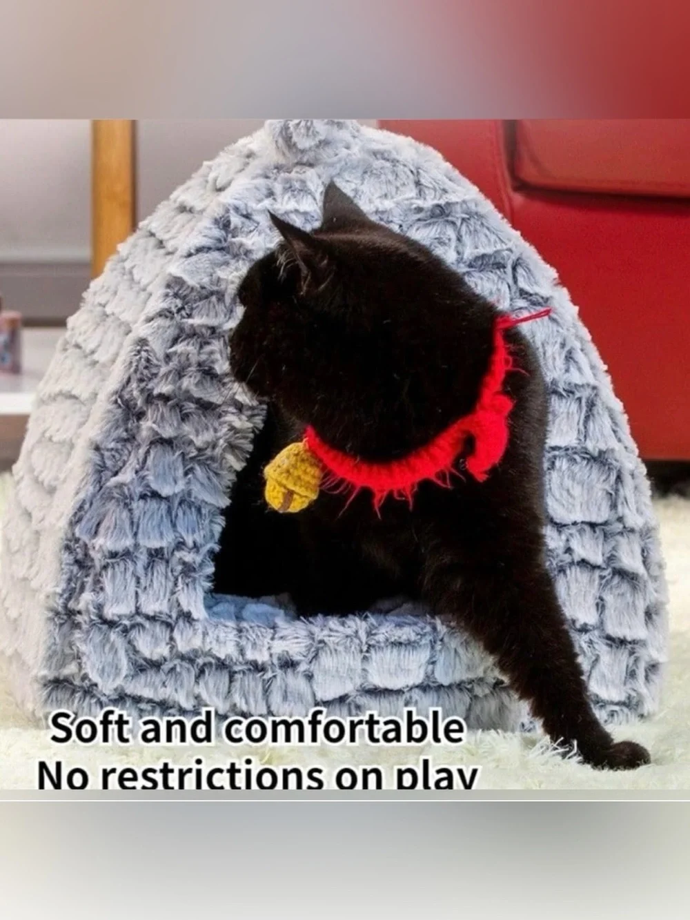 Plush Gray Pet Cat Cave Bed with Easter Toy Basket